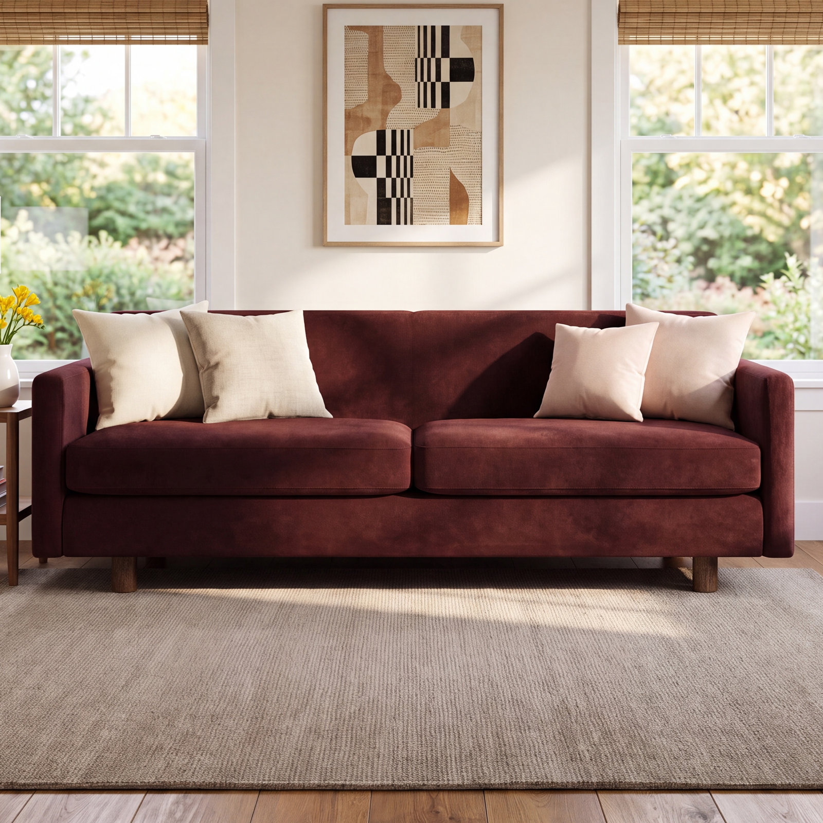 Ewing 86'' Sofa, Bella Claret Performance Velvet, Walnut