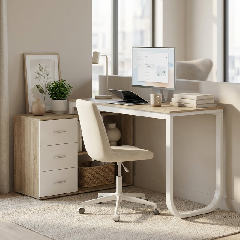 Latwon L-Shaped Writing Desk, Oak/White