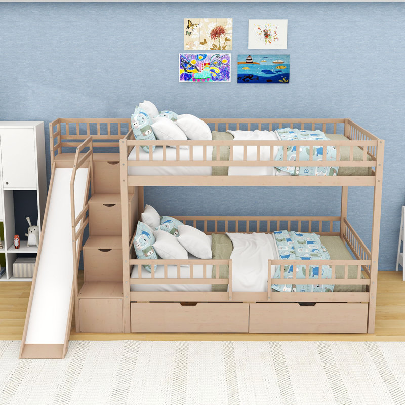 Lit superposé double en bois avec glissière, tiroirs de rangement et escalier, Walnut