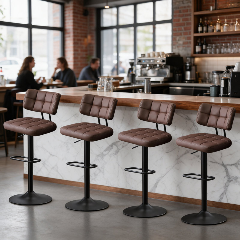 Tabourets de bar pivotants en similicuir de 49 cm de large, hauteur réglable, avec repose-pieds, coussin épais et dossier incurvé (paquet de 4).