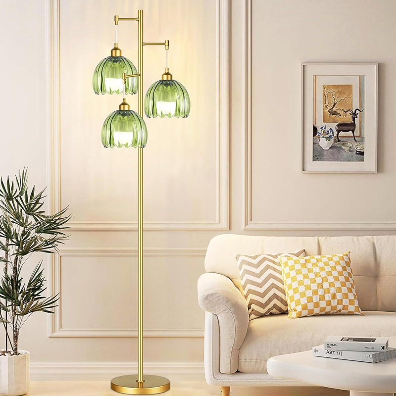 Lampe sur pied Mid-Century en verre moderne avec bras réglables, 3 ampoules DEL et base en laiton pour le salon, la chambre à coucher ou un décor bohème