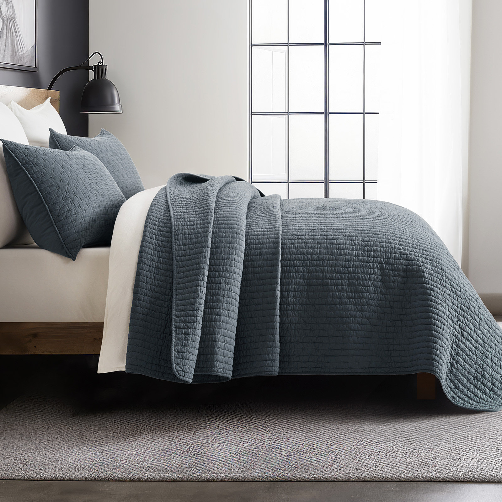 Cotton Quilt Set, King + 2 Shams, Midnight Blue