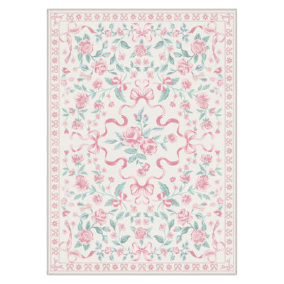Atascadero Rosette & Bow Area Rug, French Country Floral Soft Kid Rug, Machine Washable, Inspired Faux Wool - High-Rebound Foam & Non-Slip Backing