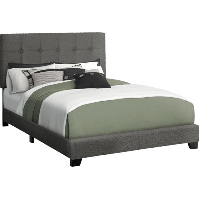 Structure de lit tapissier pleine grandeur de couleur gris foncé, élément de chambre à coucher de transition, bois massif et construction, profil bas avec embellissement épais, tête de lit à bouton d'ingénierie