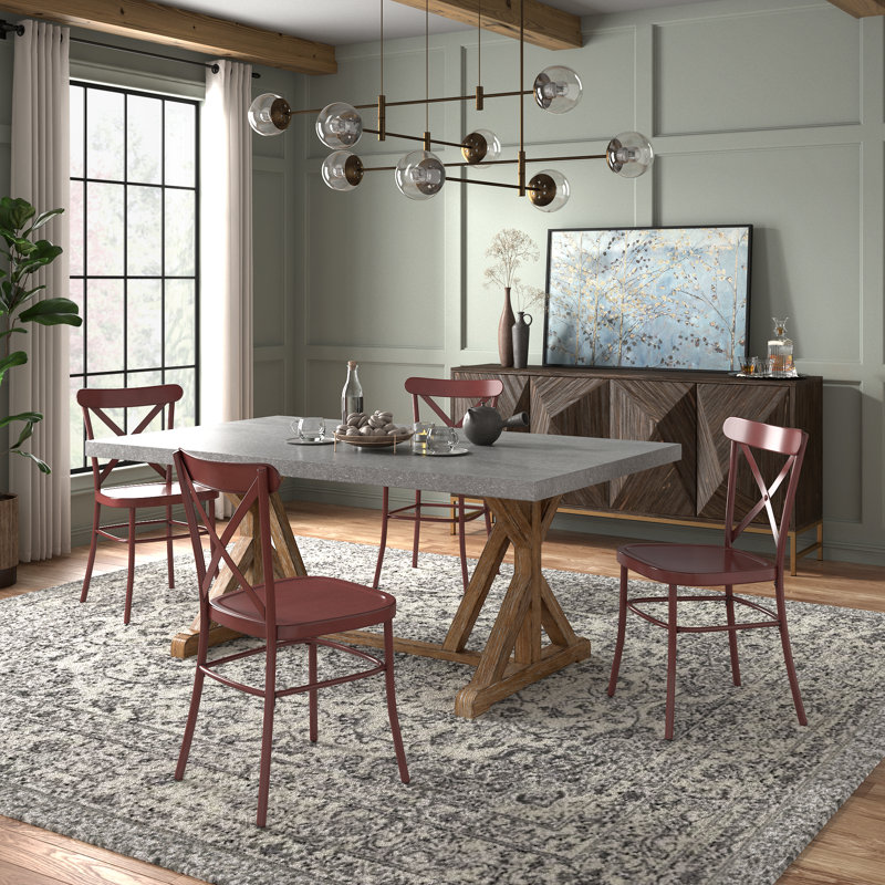 Cann Rustic Pine Frame Concrete Veneer Top Dining Table Set - Full Concrete Veneer Top Table And 4 Chairs, Red