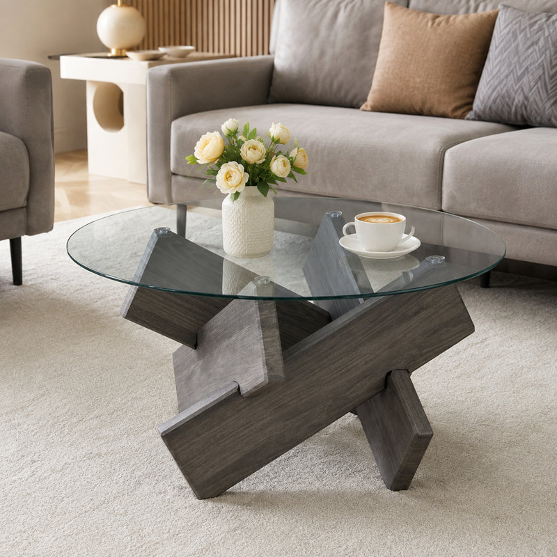 Table basse ronde moderne de 85 cm (33,4 po) avec dessus en verre trempé et piètement géométrique en bois, Gris