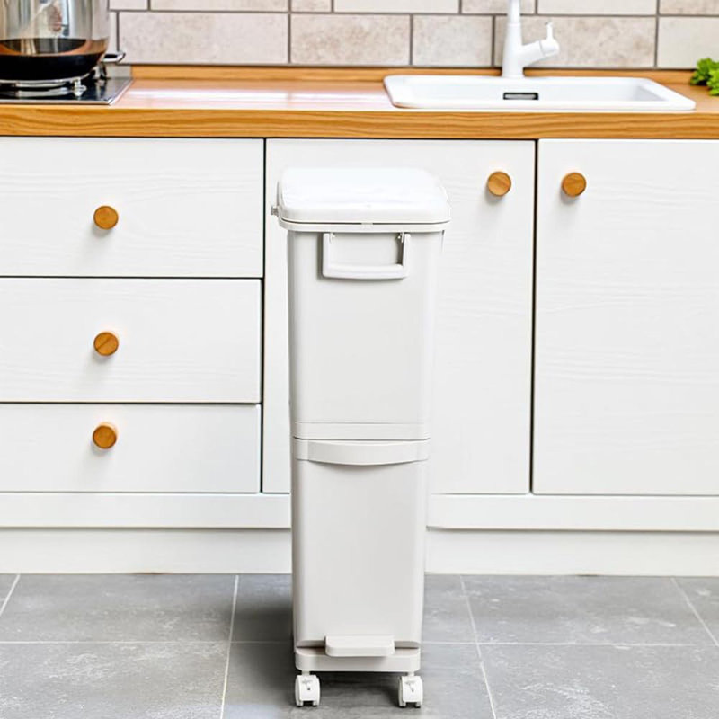 Vertical Waste Bin With Dual Compartments & Pedal – Dry & Wet Trash Separator With Wheels – Slim, Durable Recycling Container For Compact Kitchens, Homes & Workspaces