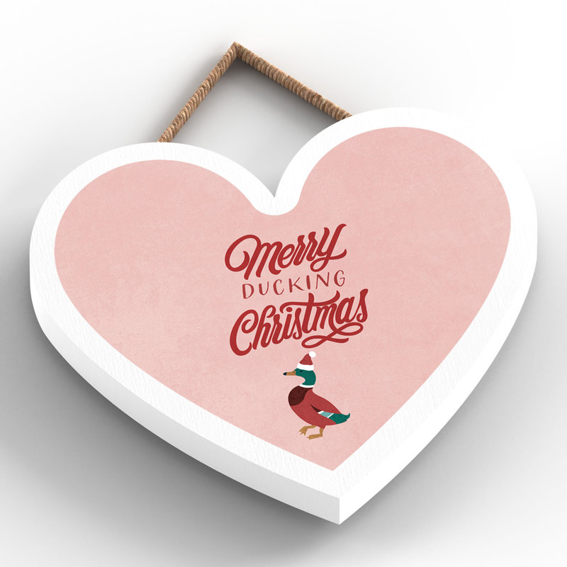 Xmas Merry Ducking Christmas Wooden Heart Plaque, 10cm H x 9cm W x 0.5cm D