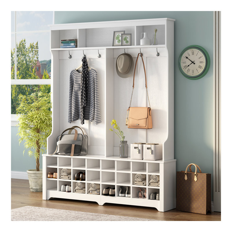 Portemanteau multifonctionnel de style moderne avec crochets en métal noir, portemanteau de 60 po de large avec beaucoup d'espace de rangement et 24 casiers à chaussures