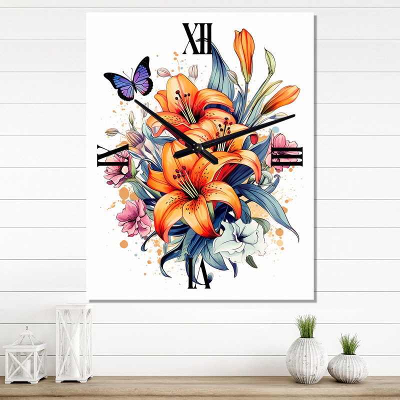 Horloge murale papillon fantaisiste et lys colorés, Grand