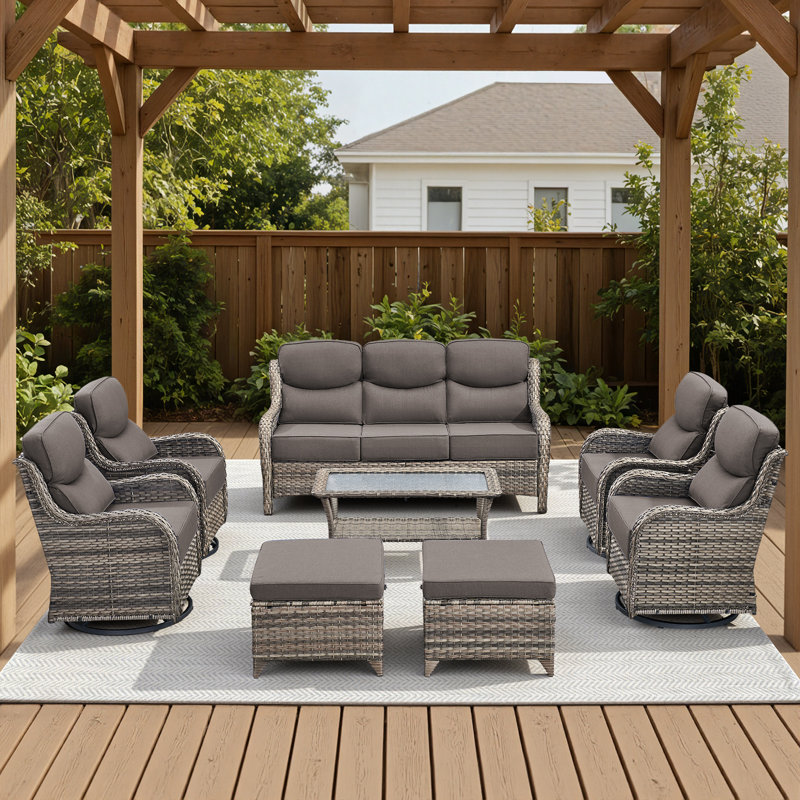 7-9 Person Outdoor Wicker Patio Conversation Set With Swivel Chairs And Coffee Table, Gray, Gray