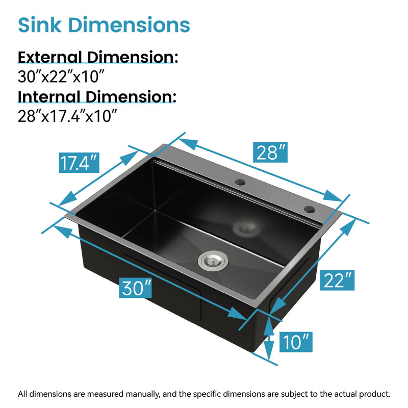 Évier de cuisine 30 po x 22 po en acier inoxydable à simple cuve en noir avec panier et système d'absorption acoustique - augmente le rangement, réduit l'espace de bruit