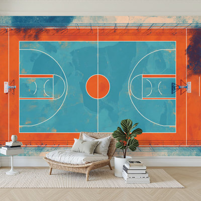 Peel and Stick Wallpaper 96" W x 69" H Modern Self Adhesive Wall Mural for Bedroom Basketball Court Top View Teal Orange Retro Texture