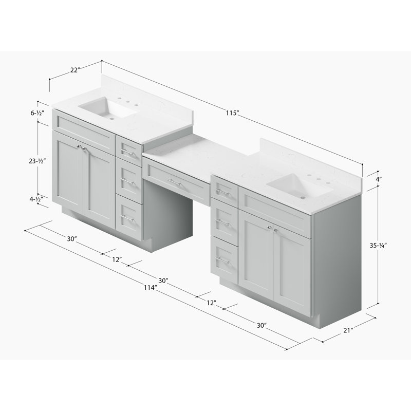 Ensemble de meuble-lavabo double 114 po avec comptoir en bois massif de tiroir Carrar Disar, Gris