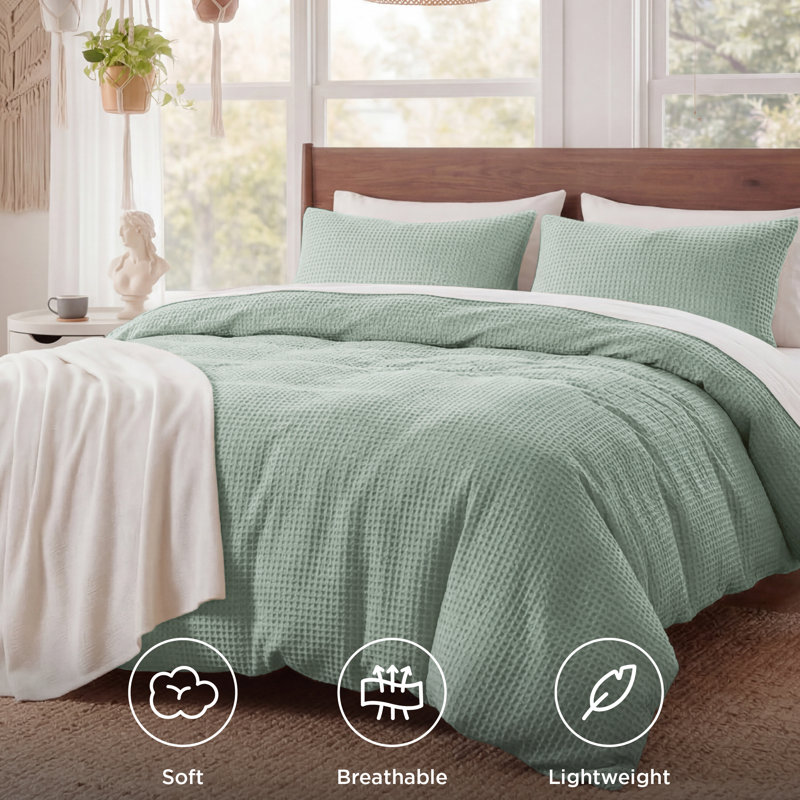 Essential Collection 100% Cotton Waffle Weave Duvet Cover Set, Sage Green, King Duvet Cover + 2 King Shams