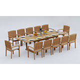 6 Seats 7 Pcs Grade-A Teak Wood Dining Set: 118" Double Extension Mas Rectangle Trestle Leg Table And 6 Wave Stacking Arm Chairs #11WV2506