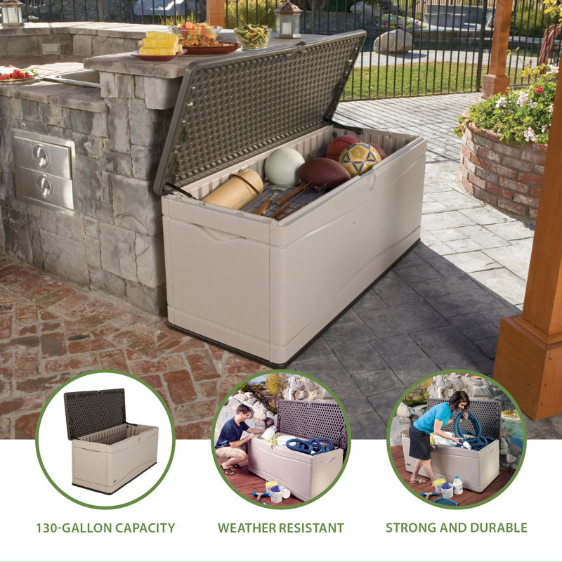 Lifetime Water Resistant Plastic Lockable Deck Box, Tan/Gray, 130 Gallon