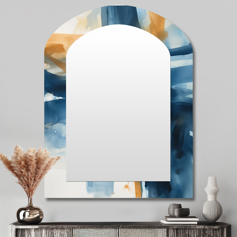 Blue and Gold Fusion VIII - Fractals Arch Decorative Mirror, Modern Asymmetrical Wall Mirror, Printed Metal Art, 43'' x 33''