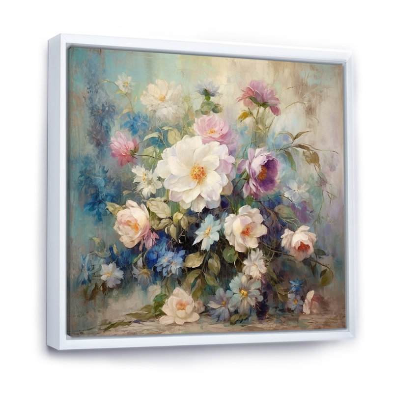 «Retro Collage Blossoming Wildflowers» sur impression sur toile, Cadre flottant blanc, 16" H x 16" W