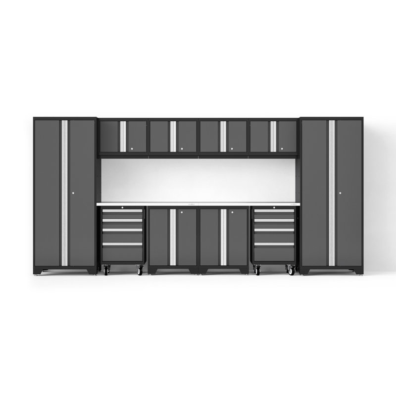 Bold XL Series Gray 12 Piece Garage Cabinets Set With Tool, Base, Wall Cabinets, Stainless Steel Worktop And 30 In. Lockers