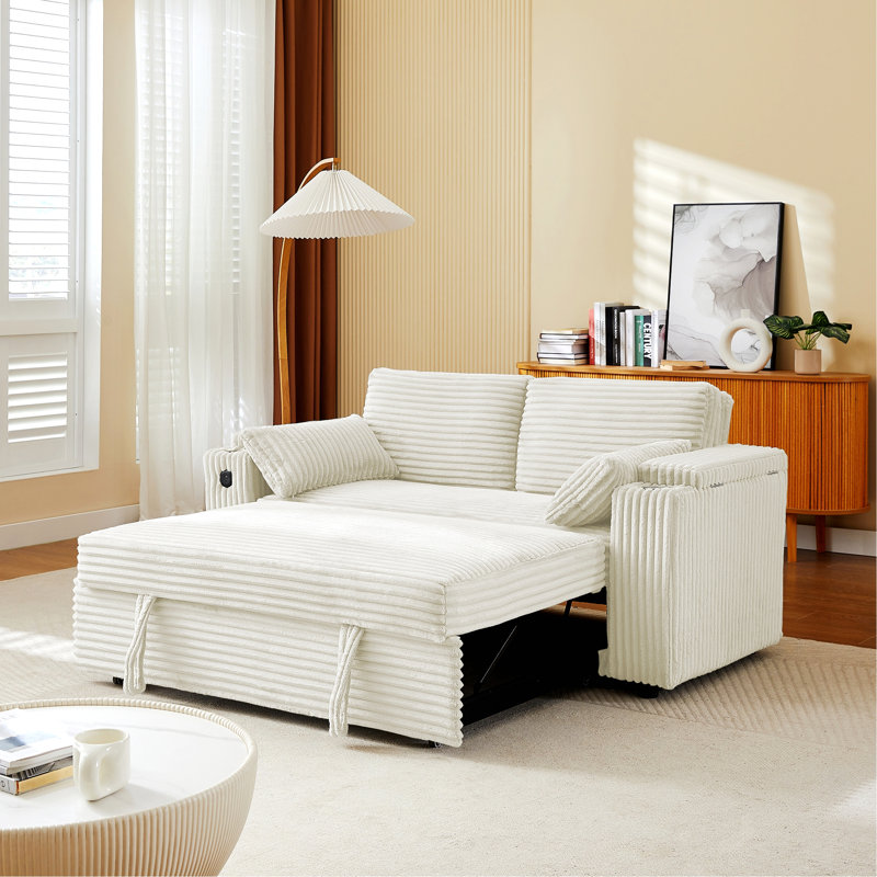 Canapé-lit convertible avec port USB et porte-gobelets, Tissu beige