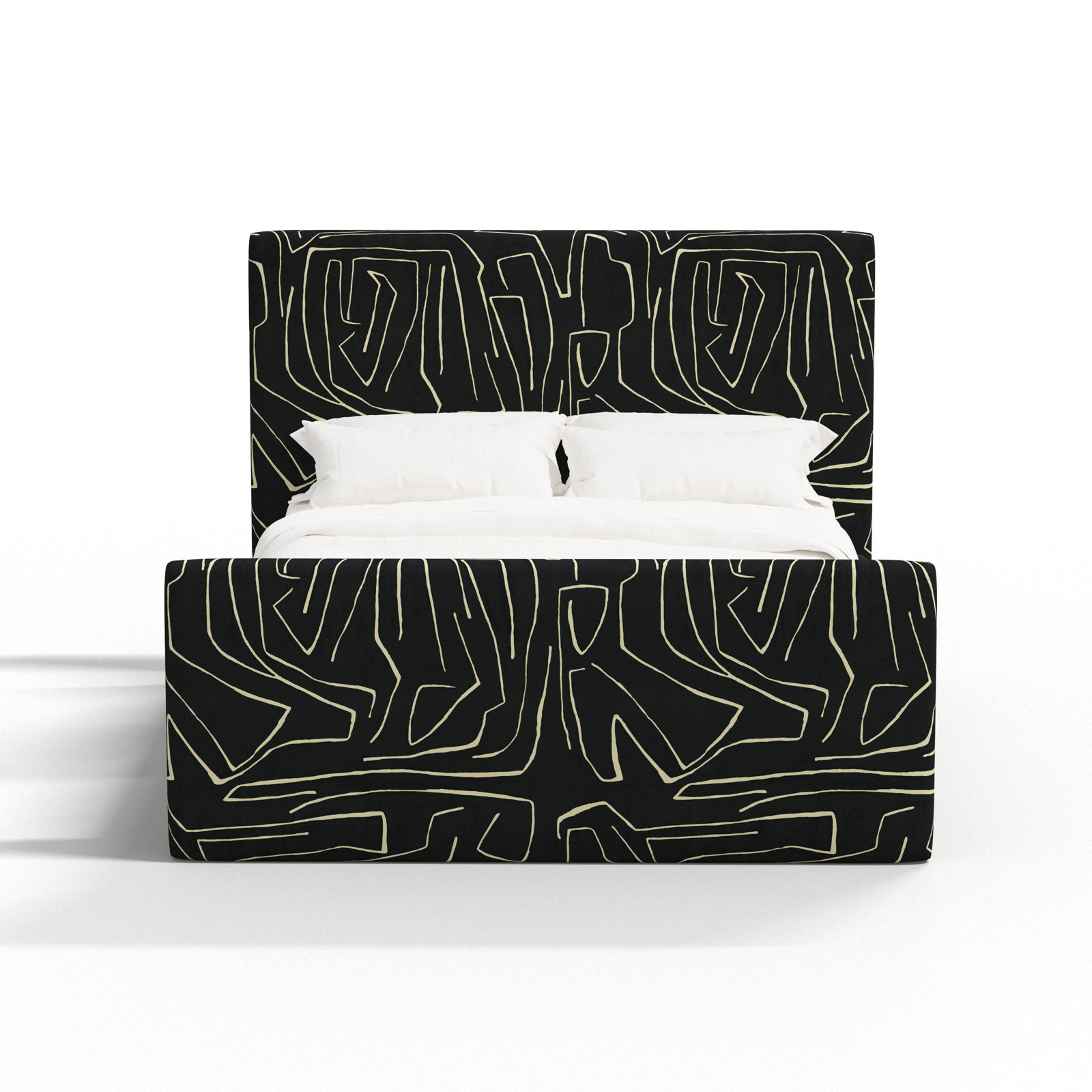 Linen Upholstered Platform Bed, Twin, Graffito Onyx Beige