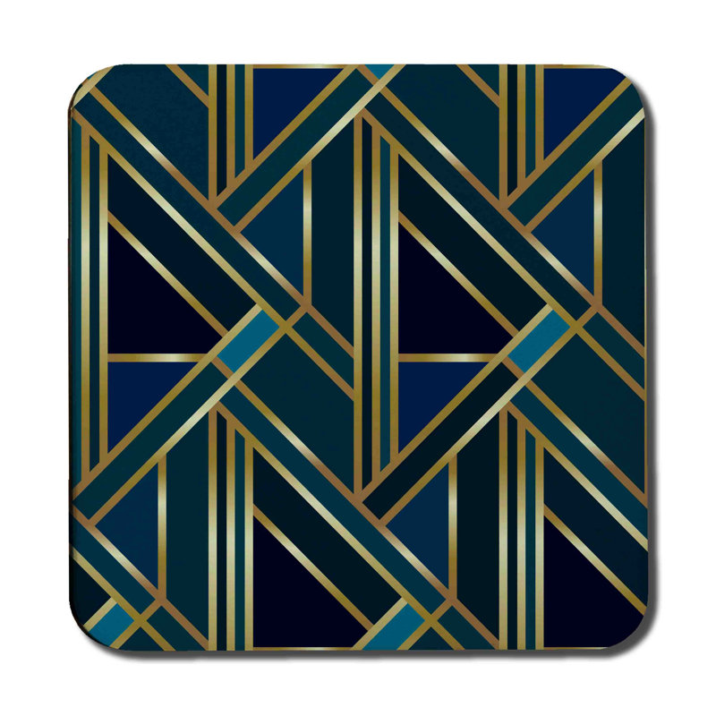 Square 6 Piece Coaster Set, Blue/Gold/Black