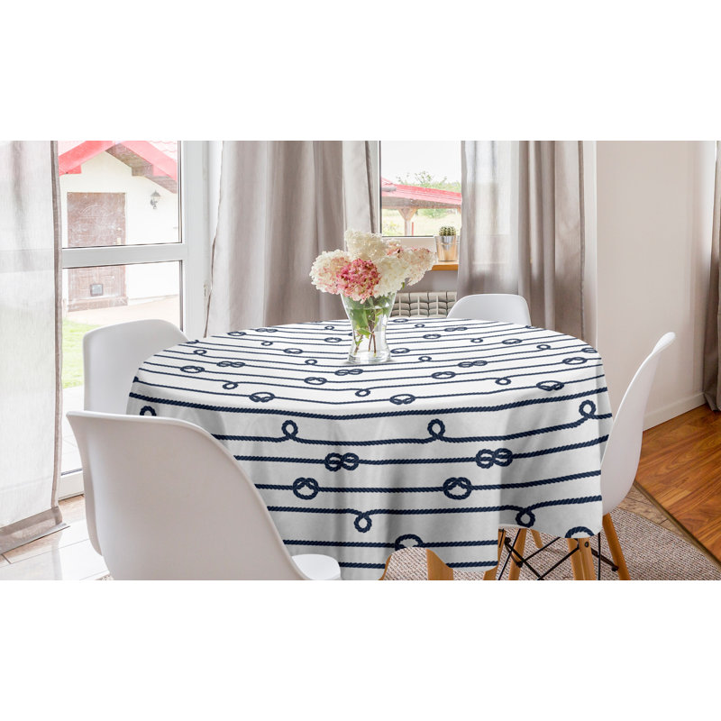 Ambesonne Navy Round Tablecloth, Ship Boat Sea Life And Marine Nautical Knots As Border Lines Art Print, Circle Table Cloth Cover For Dining Room Kitchen Decoration, 60", Navy Blue And White