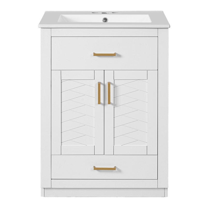 Meuble-lavabo 24 po avec lavabo en céramique intégré, armoire de salle de bain avec 2 portes, 1 tiroir basculant et meuble-lavabo simple pour salle de bain de petite et moyenne taille