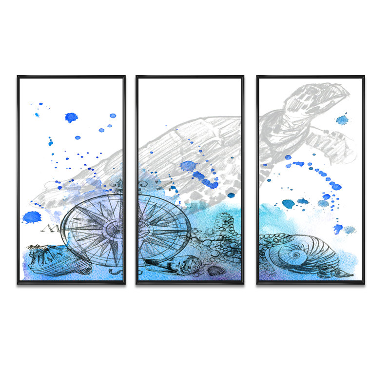 Créatures marines - Ensemble de 3 reproductions d'art encadrées sur toile, H 28 po x l 36 po x P 1 po, Cadre flottant noir