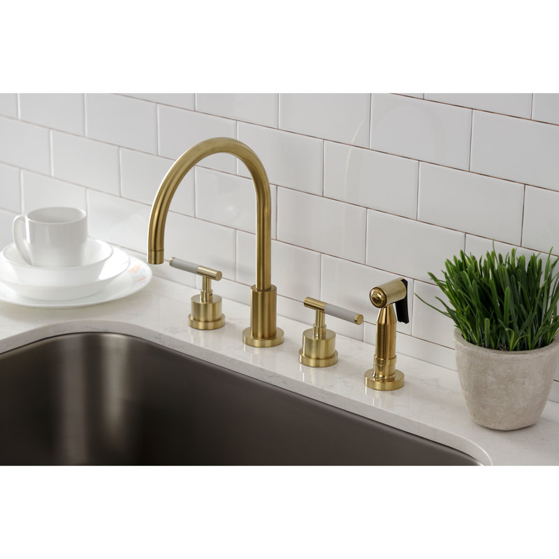 Kingston Brass Kaiser Double-Handle 4-Hole Widespread Kitchen Faucet with Brass Sprayer, Brushed Brass