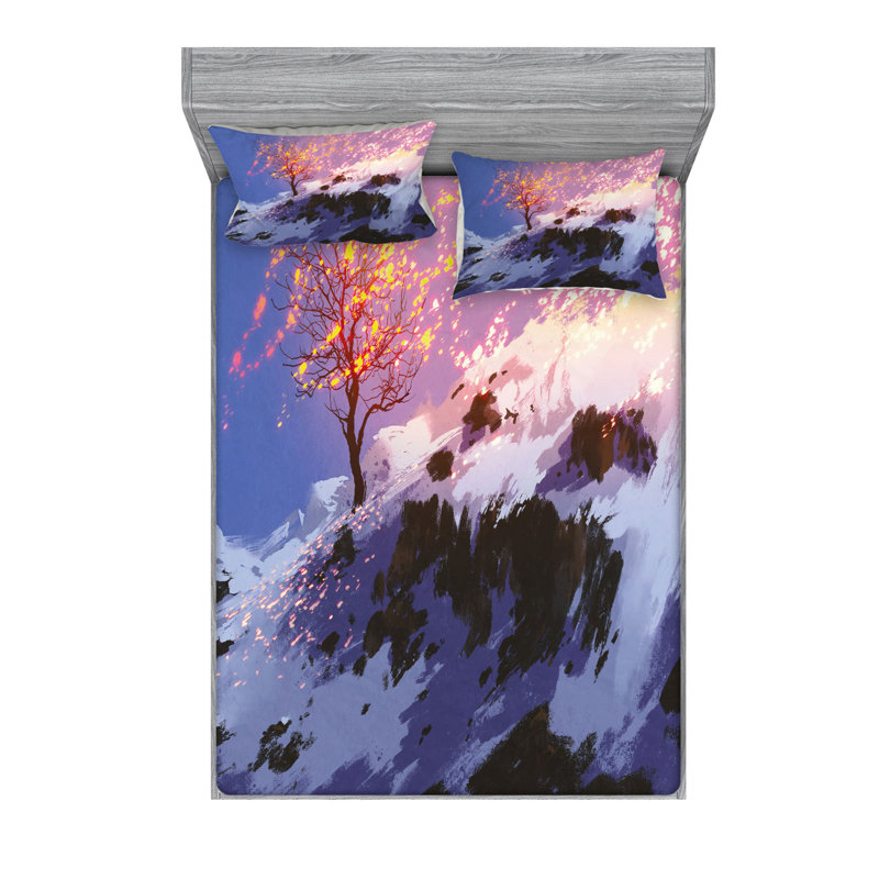 Paysage avec arbre nu dans la vallée d'hiver avec ensemble de draps, Ensemble de draps pour taille de lit double et deu