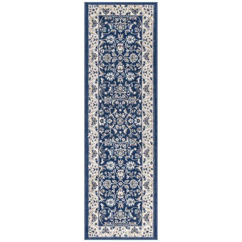 Anmie Oriental Dark Blue/Cream Area Rug, Runner 2'3" x 7'3"