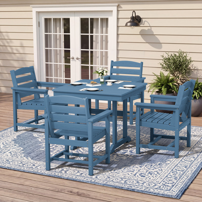 5-Piece Outdoor HDPE Dining Set, Patio Table With 4 Wide Armrest Chairs, All-Weather Garden Dining Furniture In Navy, Navy