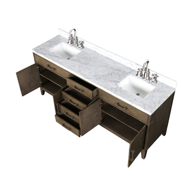 Meuble-lavabo double en chêne gris 80 po L, 22 po, avec marbre fini à la main et robinet pour salle de bain, tiroirs à fermeture en douceur, marbre