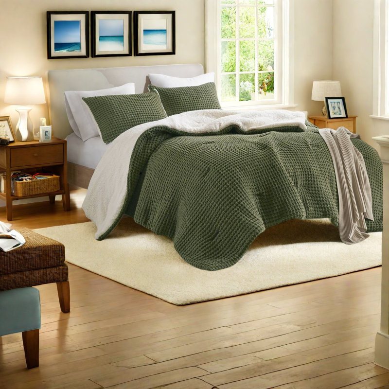 Ensembles de literie de luxe en chenille à maille gaufrée, pour lit double/queen, avec couette et taies d'oreiller couleur olive
