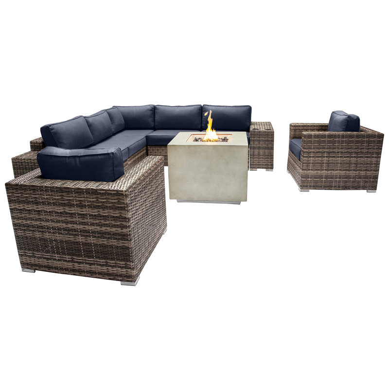 Ensemble de conversation pour 5 personnes avec coussins Sunbrella et foyer en béton Lsi, Bleu marine Sunbrella, 2