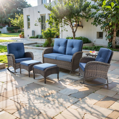 Ensemble de chaises berçantes d'extérieur en osier 6 pièces avec causeuse en rotin, tables en osier et repose-pieds pour terrasse