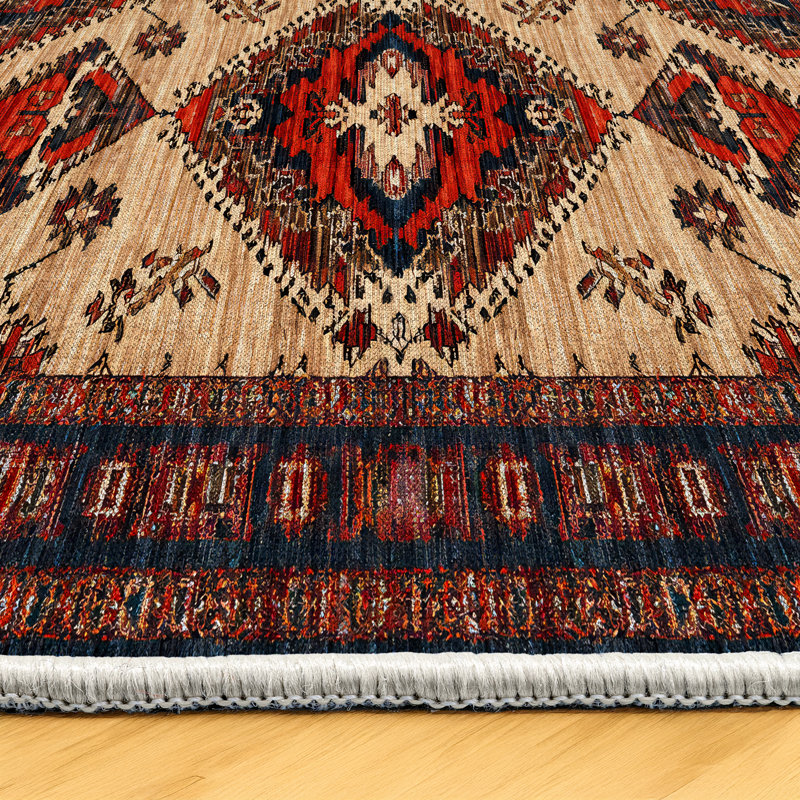 Jateen Collection Digital Print Cotton-Polyester Blend Red Beige Rug, Runner 4' x 10'6"