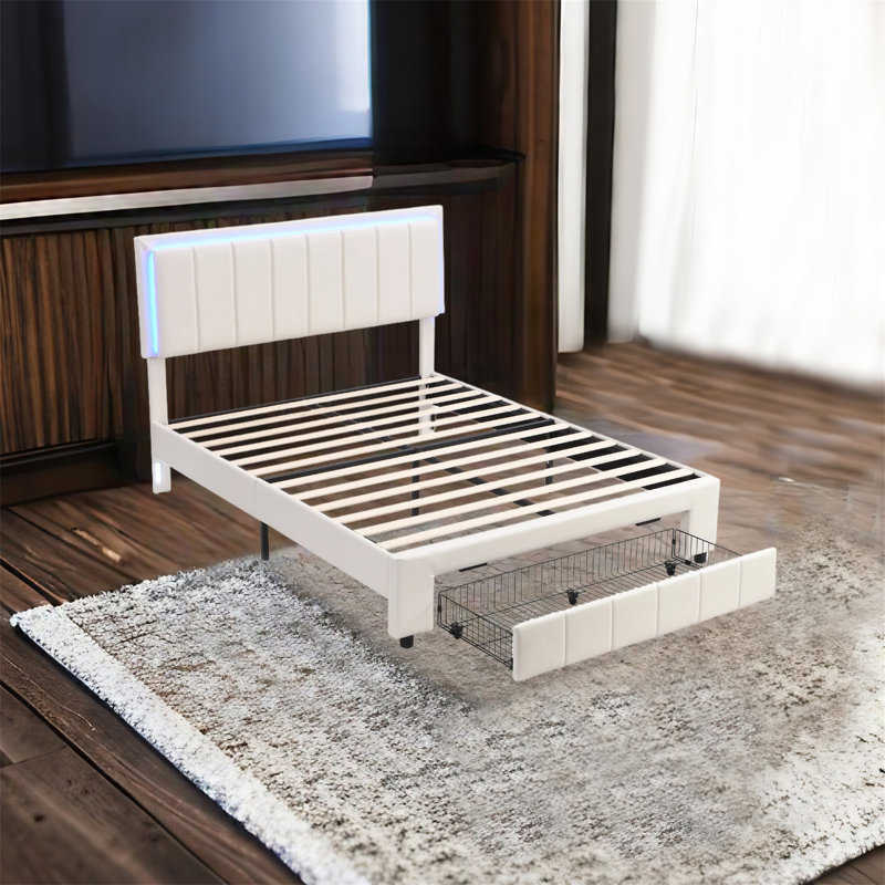 Ibbetson Upholstered Standard Bed with Drawers, White