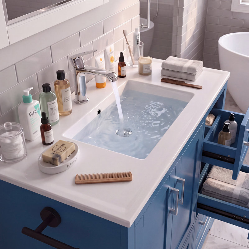 Meuble-lavabo sur pied l 42 po avec lavabo en céramique, 4 tiroirs, portes à fermeture douce, porte-serviettes réversible