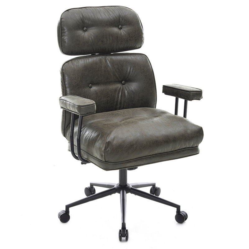 Big and Tall Executive Chair with Adjustable Headrest, High Back Mid Century Modern Desk Chair Faux Leather Home Office Chair with Thickened Cushions,Black