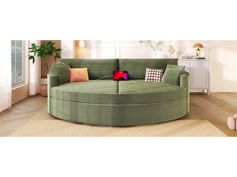 Très grand canapé-lit double avec méridienne 102,3 po et siège rembourré avec siège profond et ports USB pour le salon, vert