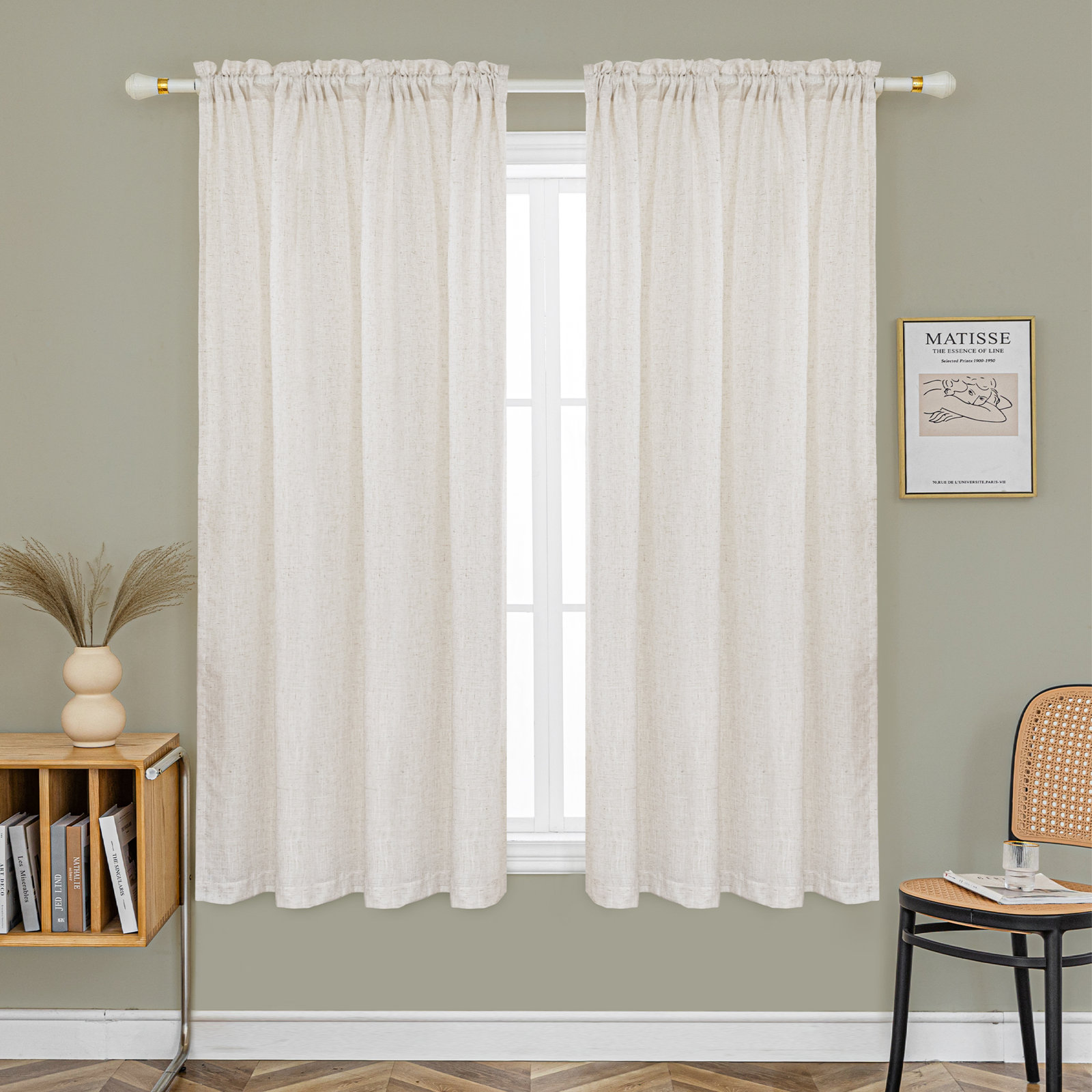 Linen Blend Semi-Sheer Curtain Panel Set, 52" W x 63" L, Natural