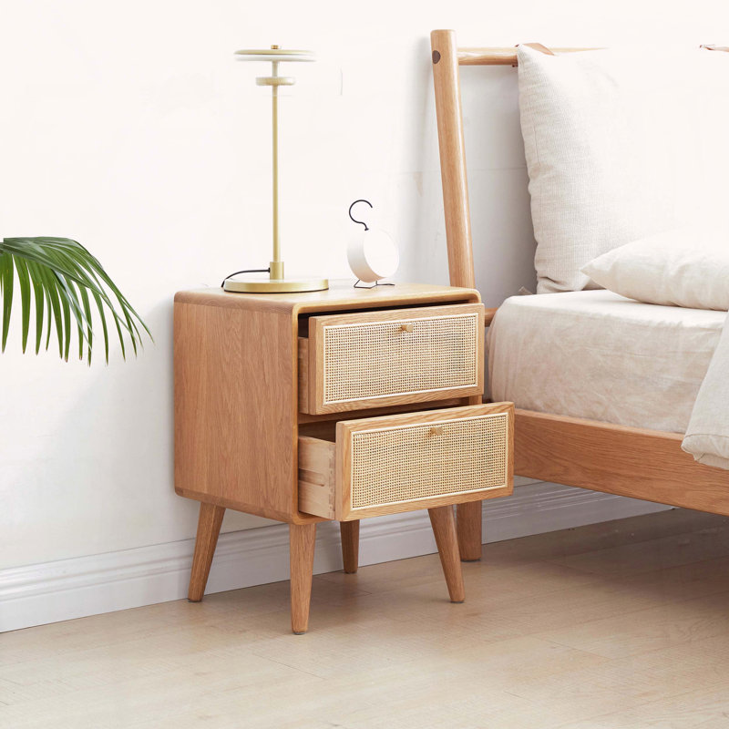Pure Solid Oak Bedside Cabinet with Handmade Rattan Front