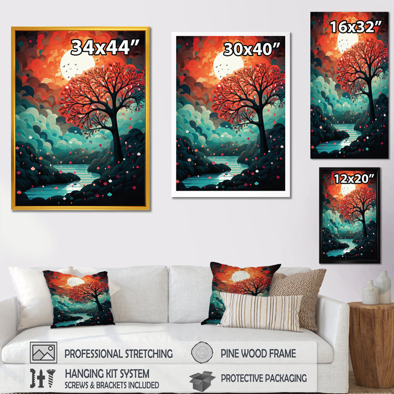 Arbre rouge magique à côté de la pleine lune - impression, 32" H x 16" W, Cadre flottant noir