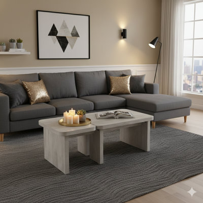 Table basse deux pièces en forme de L rectangulaire en bois détachable, de style maison de campagne, pouvant être utilisée dans la salle à manger ou le jardin, dimensions 47,24 po x 23,62 po et 35,43 po x 31,49 po, blanc