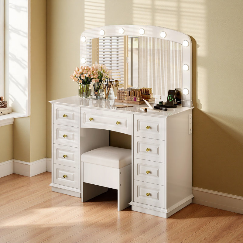 Meuble-lavabo luxueux avec 10 ampoules Hollywood, 3 modes d'éclairage couleur, une coiffeuse classique avec tabouret rembourré et 9 tiroirs de rangement pour la chambre à coucher