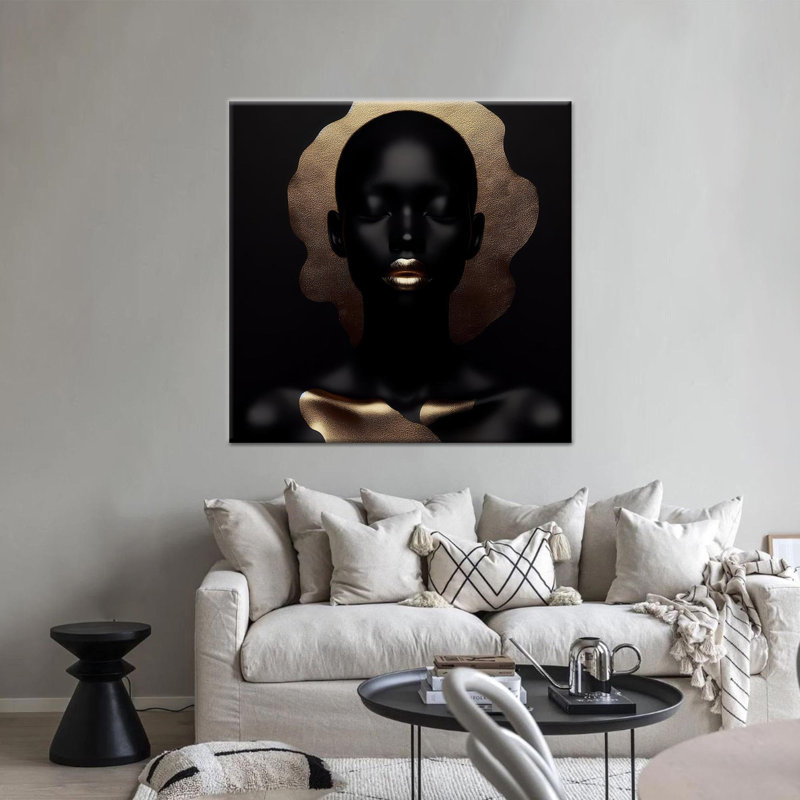 Art sur toile «Golden Lip Black Woman»: élégante décoration murale en verre africain, 1P encadrée d'or