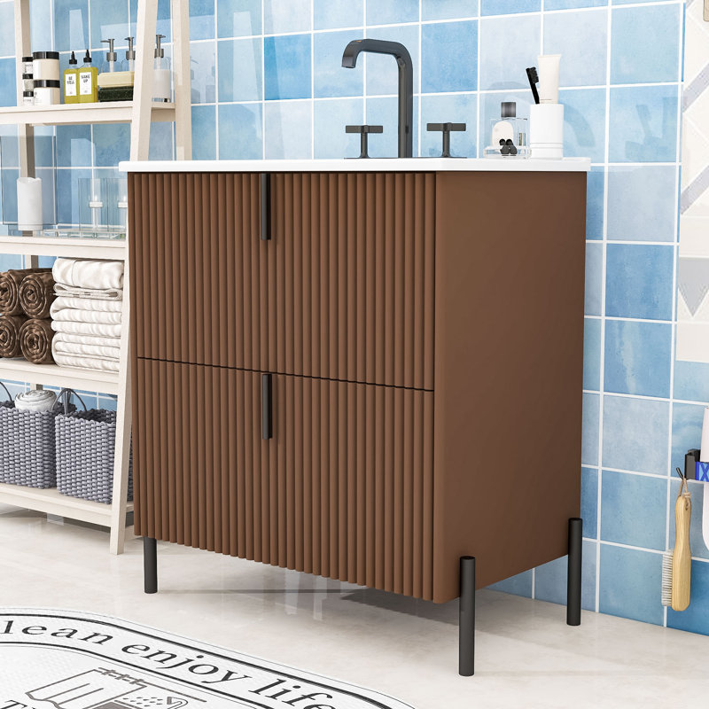 Meuble-lavabo Ã©lÃ©gant avec design cannelÃ© et lavabo, Marron foncé